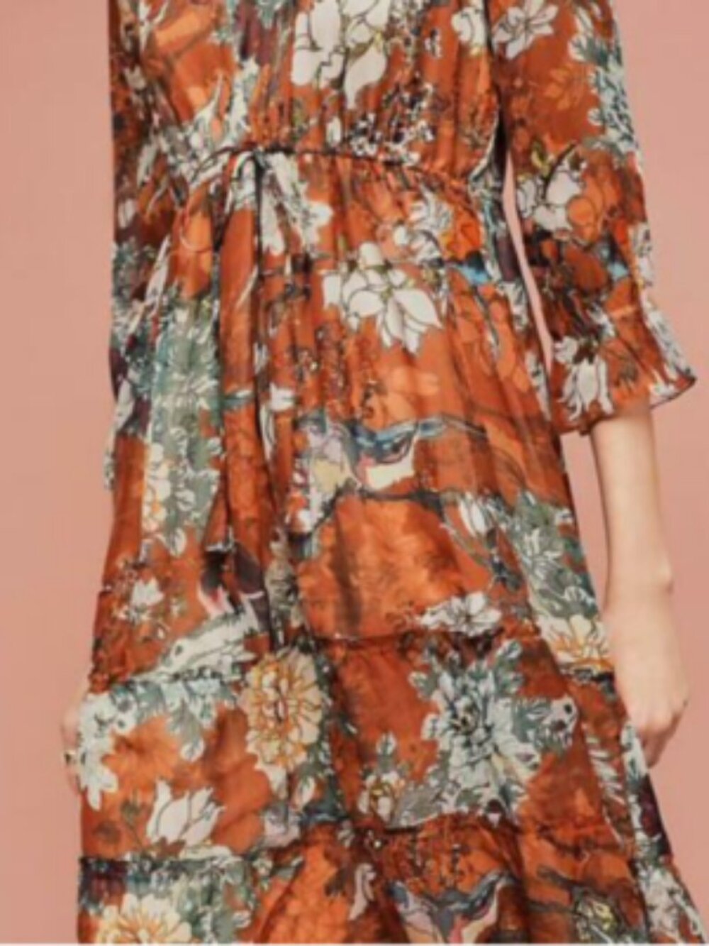 HEMANT & NANDITA @ Anthropologie Zeri Peasant Copper Floral Print Dress ** SZ 10 - Picture 4 of 11